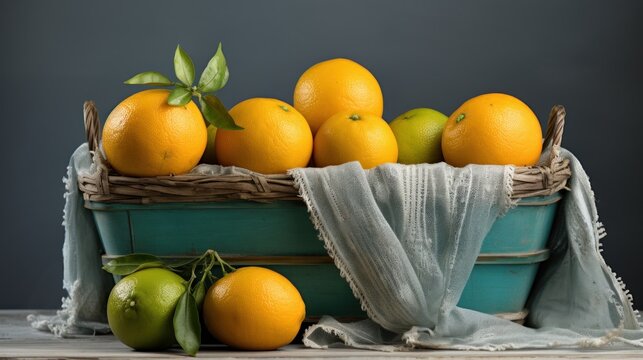 Yuzu fruits in a vintage basket UHD wallpaper Stock Photographic Image