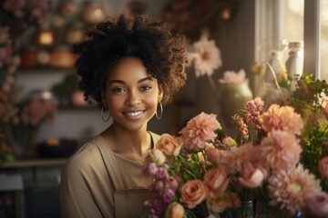 The woman is a professional florist. Portrait with selective focus and copy space