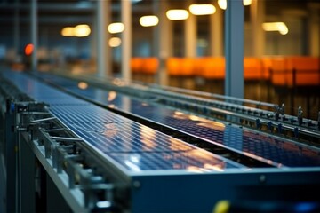 Factory with solar panels on conveyor belt. Generative AI