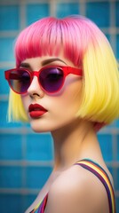 Fototapeta na wymiar A woman with bright pink hair and sunglasses. Vibrant pop art image.