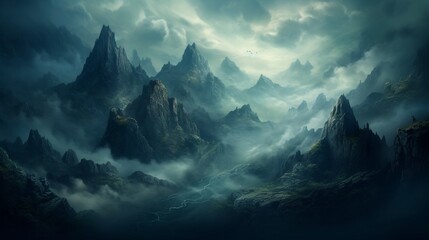 A cluster of tilted mountains shrouded in mystic mist, creating an ethereal and moody atmosphere.