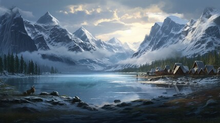 A frozen river winding through a valley, its surface a mosaic of jagged ice formations and smooth, glassy patches. Tall mountains loom on either side, their peaks obscured by low-hanging clouds.