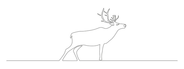 One continuous line drawing of reindeer. Wild animal stag deer with antlers silhouette for christmas symbol in simple linear style. National park banner in editable stroke. Doodle vector illustration
