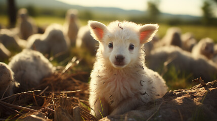 White lamb in field in front of other animals UHD wallpaper Stock Photographic Image