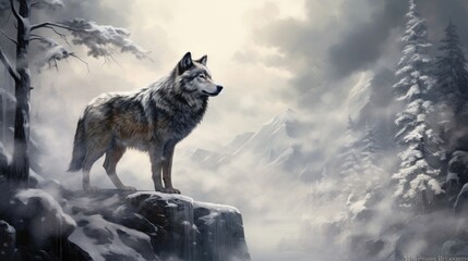 A lone wolf standing on a snow-covered hill, its fur blending seamlessly with the winter landscape. The wolf's breath mingles with the cold air, creating a misty veil around its muzzle.