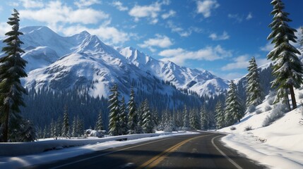 A mountain pass winding through snow-clad peaks, the road flanked by towering pine trees weighed down by snow. The sky is a clear blue, with the sun illuminating the pristine landscape.