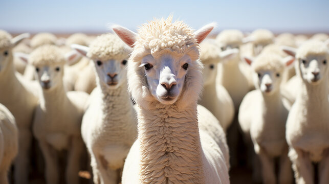 White alpaca starng at the camera with other UHD wallpaper Stock Photographic Image