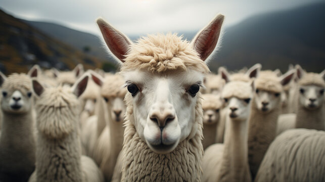 White alpaca starng at the camera with other UHD wallpaper Stock Photographic Image