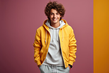 A young man in a yellow hoodie and sweatpants. AI image. Teen in casual wear. - obrazy, fototapety, plakaty