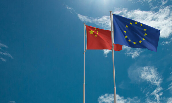 china eu european country national copy space blue sku cloudy white background wallpaper copy space flag waving conflict war economy trade government business chinese global politic diplomacy world   
