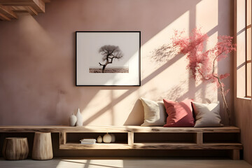 interior of room, Minimalist Room with Bench, Stairs, and Charming Character Illustrations in Light Crimson and Bronze