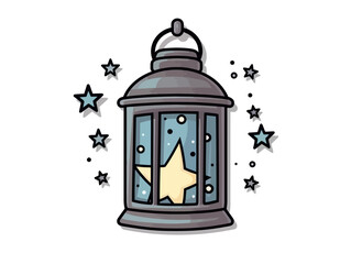 Doodle Lantern with stars, cartoon sticker, sketch, vector, Illustration, minimalistic
