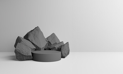 Black stone concept shop product display strong podium stand advertisement rock black raw nature material. space for placing products fashion cosmetics skincare. charcoal or coal. 3D illustration. - obrazy, fototapety, plakaty