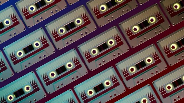 multiple casettes traveling across screen frame. Full retro vintage music source for listening songs in vintage old school style. Classic 90s 2000s background