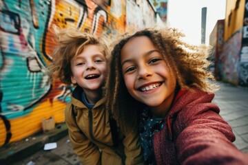 Two young children taking a selfie in front of a graffiti covered wall. Generative AI.