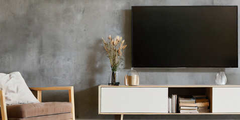 cabinet for tv wall mounted with armchair in living room with a concrete wall d rendering 