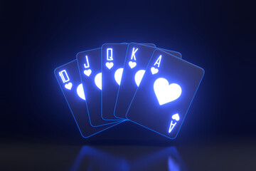 Playing cards with futuristic neon blue lights on a black background. Casino cards, blackjack, poker. Front view. 3D render illustration - obrazy, fototapety, plakaty