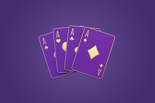 Playing cards on a purple background. Casino cards, blackjack, poker. Front view. 3D render illustration