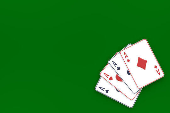 Playing cards on a green background. Casino cards, blackjack, poker. Top view. 3D render illustration