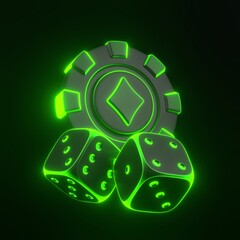 Casino chips, aces cards symbols and gambling dices with futuristic neon green lights on a black background. Poker, blackjack, baccarat game concept. Diamond icon. 3D render illustration