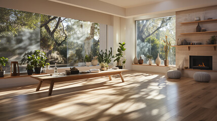Serene and peaceful yoga studio with bamboo flooring