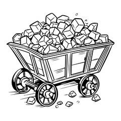 Mine cart vector, diamond wagon kit, golden nuggets carriage, gold coal game trolley 
illustration. Mountain industry equipment, iron wheel, crystal stone, mining transportation. Mine cart clipart, Ge