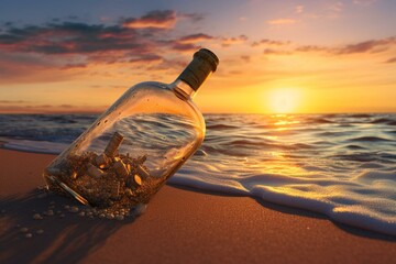 2019 message in a bottle at sunset. Generative AI