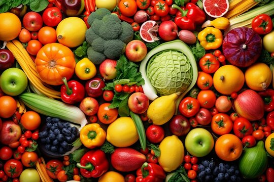 Colorful mix of fruits and vegetables, vibrant healthy food background. Generative AI