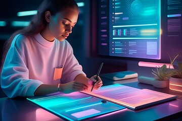 Young woman working with graphics tablet in dark office. 3d rendering