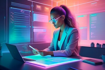 Serious businesswoman using mobile phone while sitting in front of laptop in office with glowing background