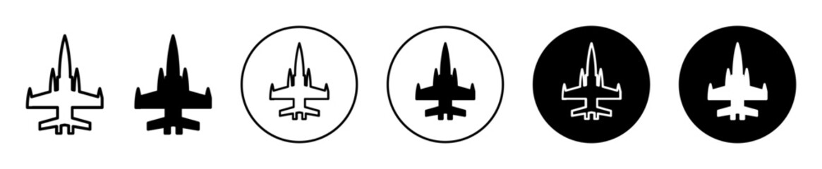 Military airplane fighter jet vector icon. Navy aircraft outline symbol. Military Defense air plane or aircraft line sign - obrazy, fototapety, plakaty