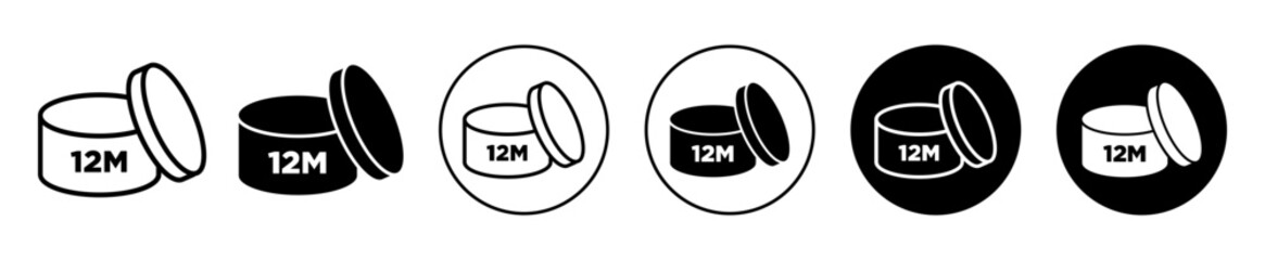 Period after opening icon. 12m pao cosmetic product symbol. 12 month period before use after opening can vector. Twelve months Shelf life line icon