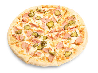 pizza with pickles, bacon, cheese and sausage.