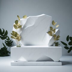 White Stone product display podium with nature leaves background. Generative AI.	