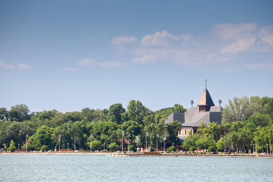 Panorama of Palic Lake, or Palicko Jezero, in Palic, Serbia, with the Velika Terasa, or Grand Terrace main building and the Zenski strand, or Women's lido. it is one of the main attractions of Vojvodi