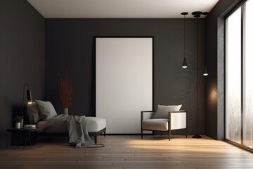 Modern and comfortable room with empty frame, ideal for presenting designs in a lifelike environment. Generative AI