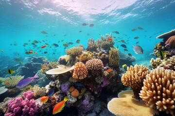 Naklejka na ściany i meble Colorful fish swim around a coral reef. Generative AI
