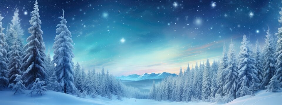 Amazing snowy winter landscape. Winter landscape with snow-covered pine trees and northern lights (northern lights). Polar Lights. Creative image of wild nature.