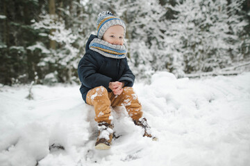 Fototapeta na wymiar Cute toddler boy having fun on a walk in snow covered pine forest on chilly winter day. Child exploring nature.