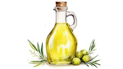 Illustration of a bottle of olive oil and green olives with leaves on a white background. Close-up. salad dressing in the kitchen.