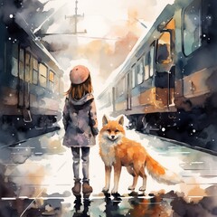 A In watercolor style a little girl. Generative AI.