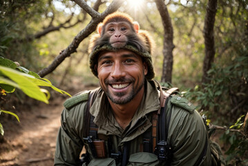 Man guarding wildlife reserves with monkeys in the jungle, funny image with a monkey on his head. man Ranger, Wildlife Conservation, Protection of Nature Reserves, Park Safety

