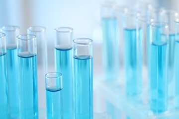 Test tubes with light blue liquid in laboratory, closeup. Space for text