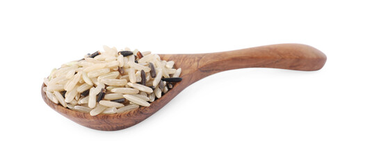 Spoon with raw unpolished rice isolated on white
