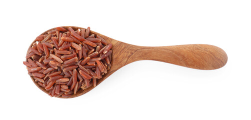 Spoon with raw red rice isolated on white, top view