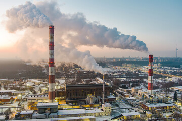 Aerial view of heating plant and thermal power station. Combined modern power station for city...