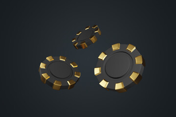 Casino chips on a black background. Poker, blackjack, baccarat game concept. 3D render illustration