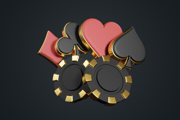 Casino chips and aces cards symbols on a black background. Poker, blackjack, baccarat game concept. Heart, diamond, club and spade icon. 3D render illustration