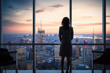 Leadership at New Heights: A Female Executive Overlooking the Cityscape from Her High-Rise Office