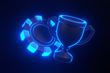 Casino chips and trophy cup with futuristic neon blue lights on a black background. Poker, blackjack, baccarat game concept. 3D render illustration